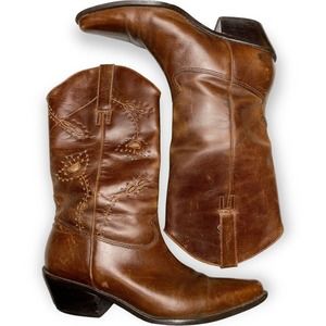 Matisse Brown Leather Pointed Toe Cowboy Boots Cutout Turq. Floral Design Size 7